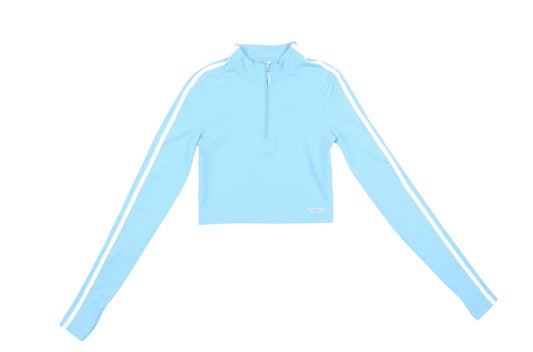 Prewornwholesale Jack Wills sky blue cropped long sleeve active top with a 1/4 zip and white side stripe detailing.