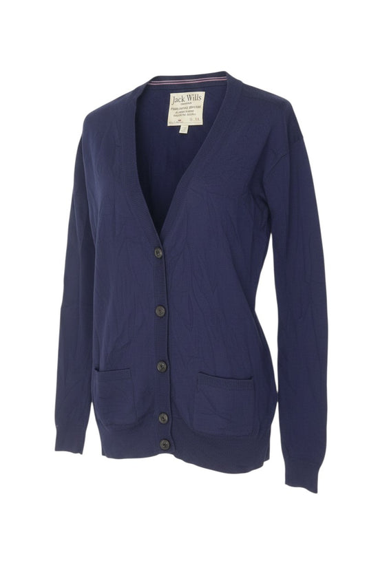Prewornwholesale Jack Wills navy blue cotton V-neck cardigan with button front and patch pockets
