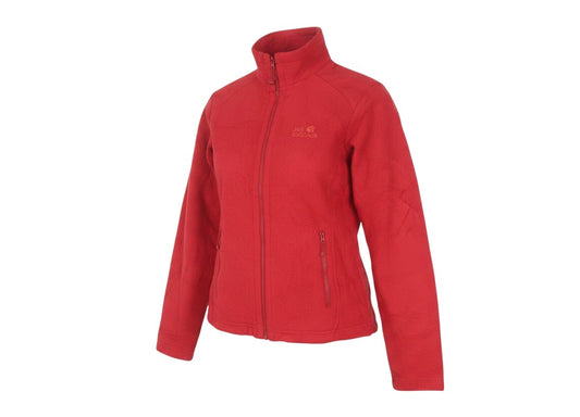 Prewornwholesale Jack Wolfskin women's red fleece jacket with full zip, high collar, and two side pockets.