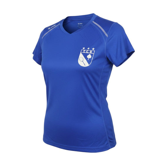 Prewornwholesale Jako blue polyester tennis t-shirt with V-neck and white club logo on chest