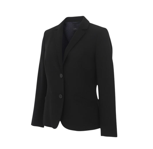 Prewornwholesale Jigsaw black wool blend tailored blazer with notch lapels and two-button front closure.