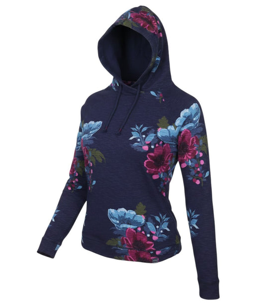 Prewornwholesale Joules navy blue cotton hooded sweatshirt featuring a vibrant pink and turquoise floral print.