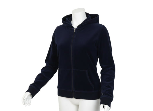 Prewornwholesale dark blue Juicy Couture velour full-zip hoodie with a hood and front pockets on a mannequin