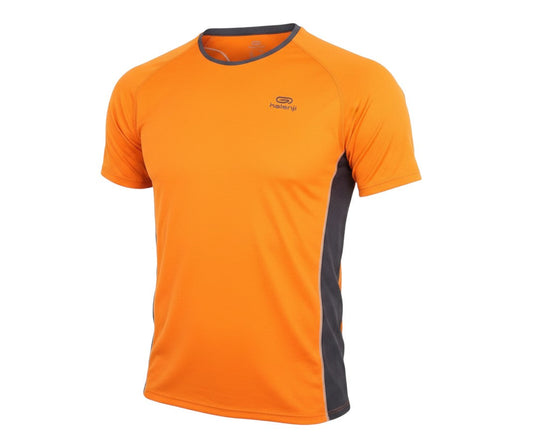 Prewornwholesale Kalenji women's orange polyester short-sleeve athletic t-shirt with grey side panels and round neck.