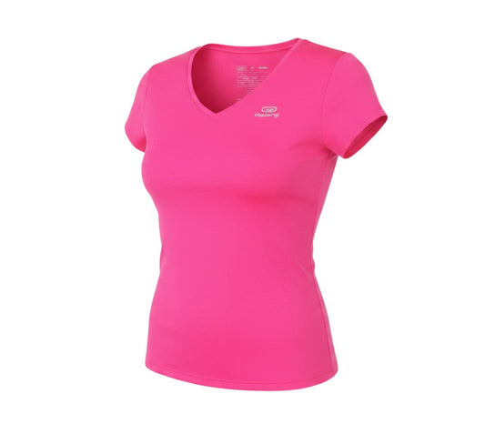 Prewornwholesale Kalenji women's vibrant pink V-neck short sleeve running top in lightweight breathable polyester