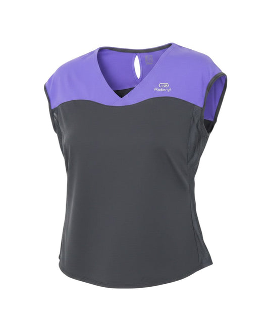Prewornwholesale Kalenji women's purple and black athletic running t-shirt with V-neck, cap sleeves, and mesh panels.