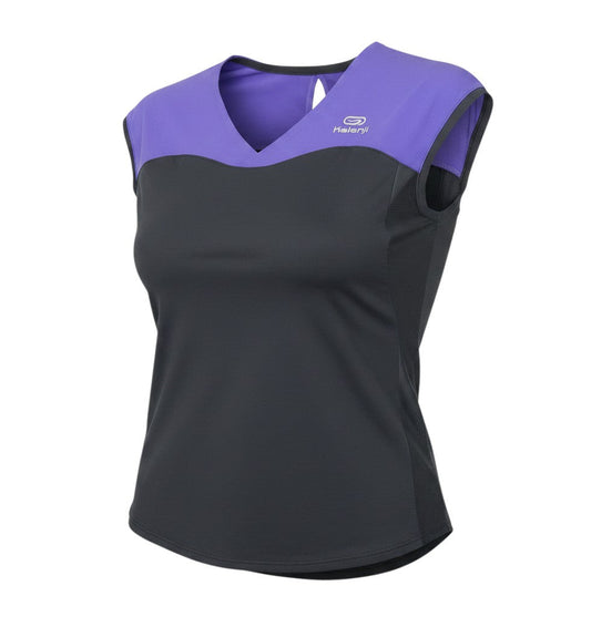 Prewornwholesale Kalenji women's purple and black V-neck athletic tank top in breathable polyester fabric