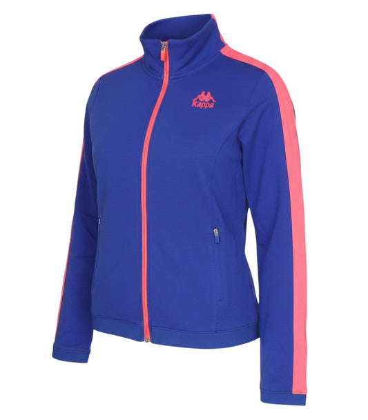 Prewornwholesale blue Kappa women's track jacket with pink sleeve stripes and full zip closure