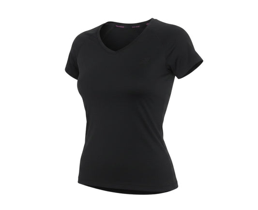 Prewornwholesale Karrimor women's black moisture-wicking V-neck active T-shirt with short raglan sleeves.