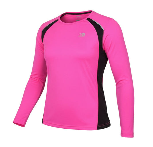 Prewornwholesale Karrimor women's long sleeve running top in bright pink with black side panels and crew neck