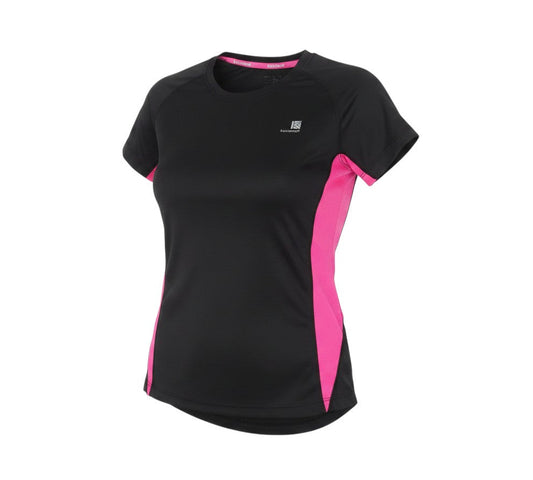 Prewornwholesale women's black and pink Karrimor running T-shirt with moisture-wicking fabric and side panels