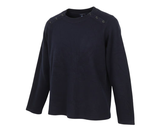 Prewornwholesale Lands' End navy blue fleece sweatshirt with button shoulder details and a round neckline.