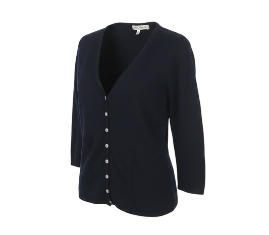 Prewornwholesale Laura Ashley black V-neck button-up cardigan in fine-gauge knit with subtle vertical textured detail.