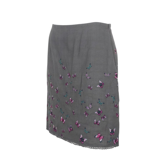 Prewornwholesale Laura Ashley grey cotton pencil skirt with colourful butterfly print and delicate lace hem trim