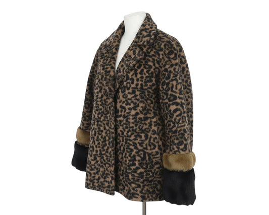Prewornwholesale Second Female brown leopard print wool-blend jacket with contrasting faux-fur cuffs on a mannequin