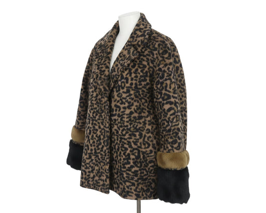 Second Female Women Brown Leopard Print Wool Blend Fur Trim Jacket M