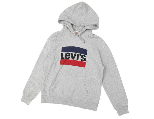 Prewornwholesale Levi's light grey marl cotton pullover hoodie with a navy, black, and red graphic logo on the chest.