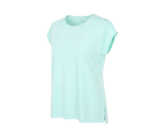 Prewornwholesale light blue performance sport t-shirt with crew neck and side slits in breathable polyester fabric.