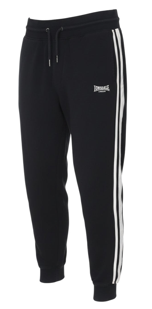 Prewornwholesale Lonsdale London black jogger track pants with white side stripes, drawstring waist, and logo detail.