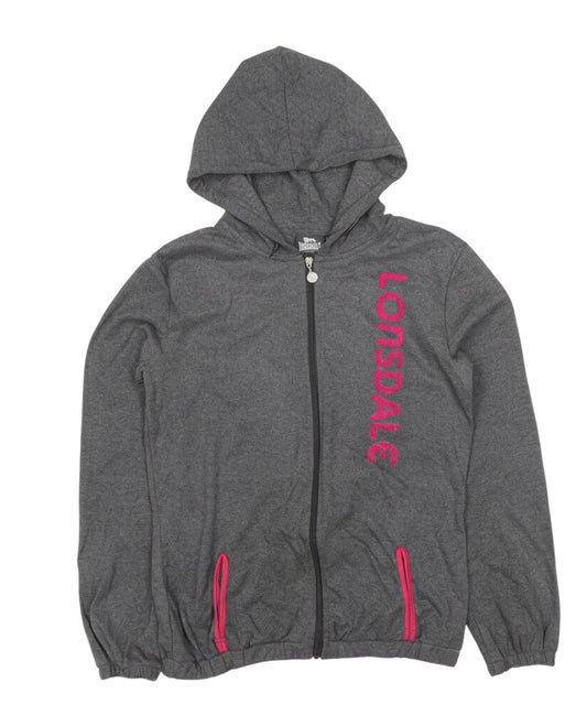Prewornwholesale Lonsdale London charcoal grey full zip hoodie with pink logo and pocket accents