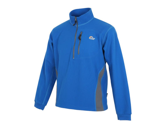 Prewornwholesale Lowe Alpine women's blue lightweight 1/2 zip fleece pullover with grey side panels and chest pocket