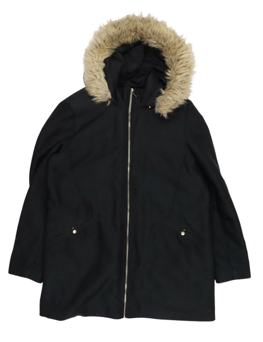 Mango Women’s Black Faux Fur Trim Parka Coat Size 16