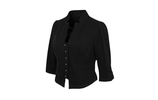 Prewornwholesale Marks and Spencer black cotton cropped jacket with 3/4 sleeves and button front closure.
