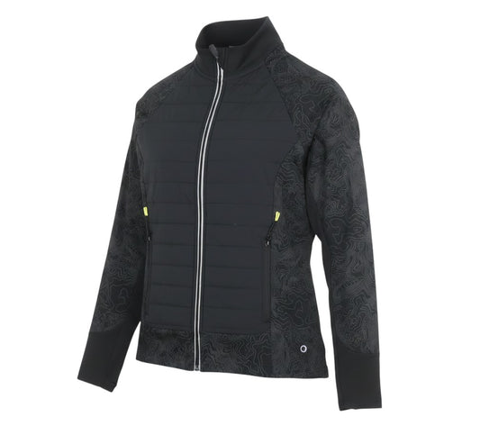 Prewornwholesale Marks and Spencer Goodmove black track jacket with patterned sleeves, high neck, and zip pockets.