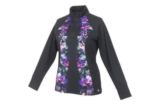 Prewornwholesale Marks and Spencer black track jacket with purple and blue floral side panels and half-zip closure.