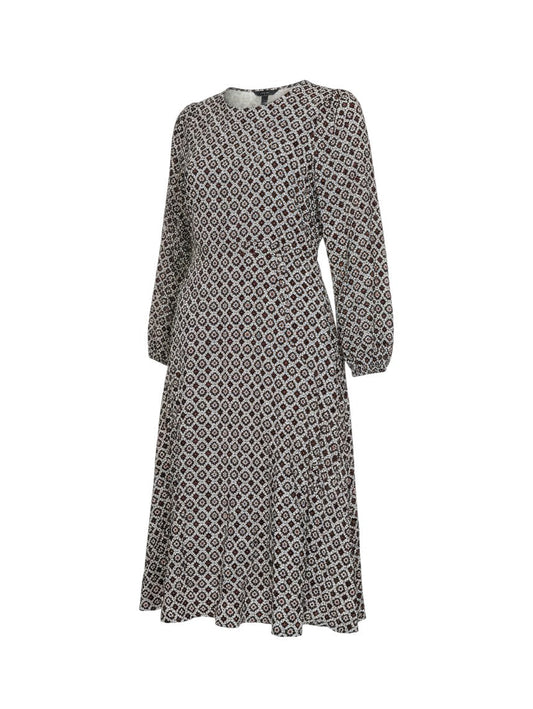 Prewornwholesale Marks and Spencer multicoloured geometric print A-line midi dress with puff sleeves and belted waist.