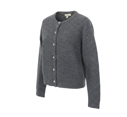 Prewornwholesale Marks and Spencer grey fine-knit cardigan with decorative rhinestone and pearl-effect jewel buttons.