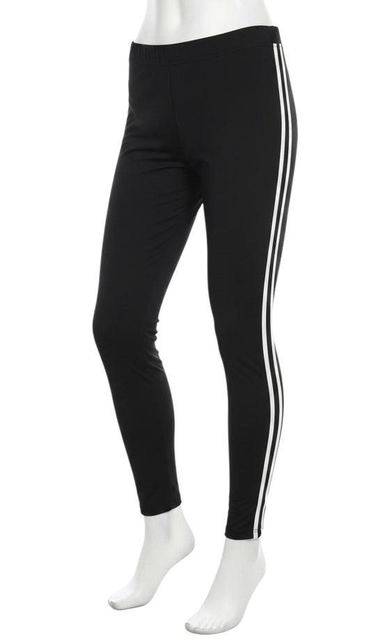 Prewornwholesale Marks & Spencer black leggings with white side stripes on a mannequin, size 18 short length.