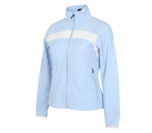 Prewornwholesale Merrell women's pale blue softshell windbreaker jacket with white chest panel and full zip closure.