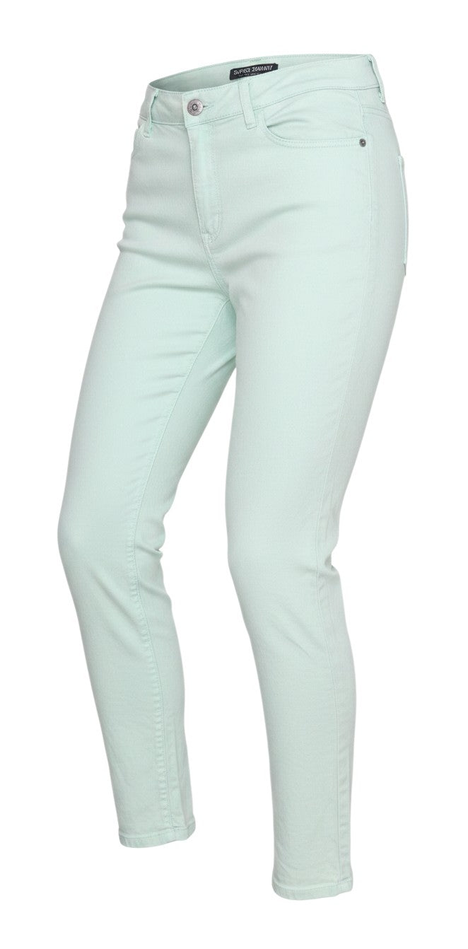 Prewornwholesale M&S womens mint green skinny denim jeans with a classic five-pocket design and button closure.