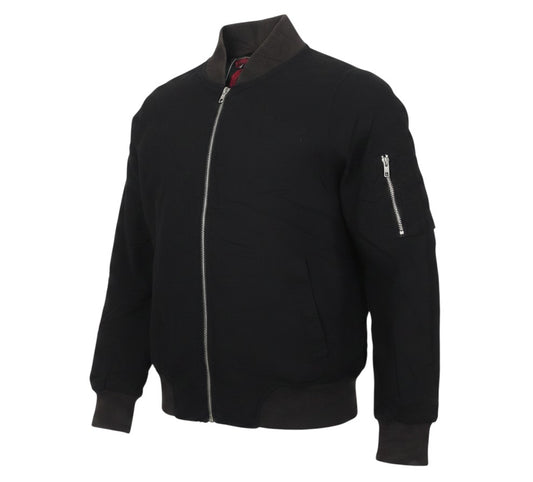 Prewornwholesale Miss 21 black bomber jacket with silver zip, ribbed collar, and sleeve pocket in a classic fit