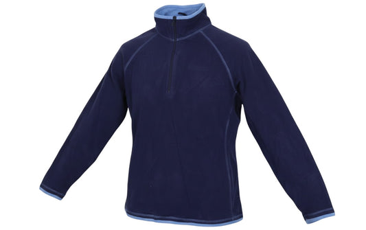 Prewornwholesale women's deep blue Mountain Warehouse Montana 1/4 zip fleece with light blue trim and raglan sleeves.