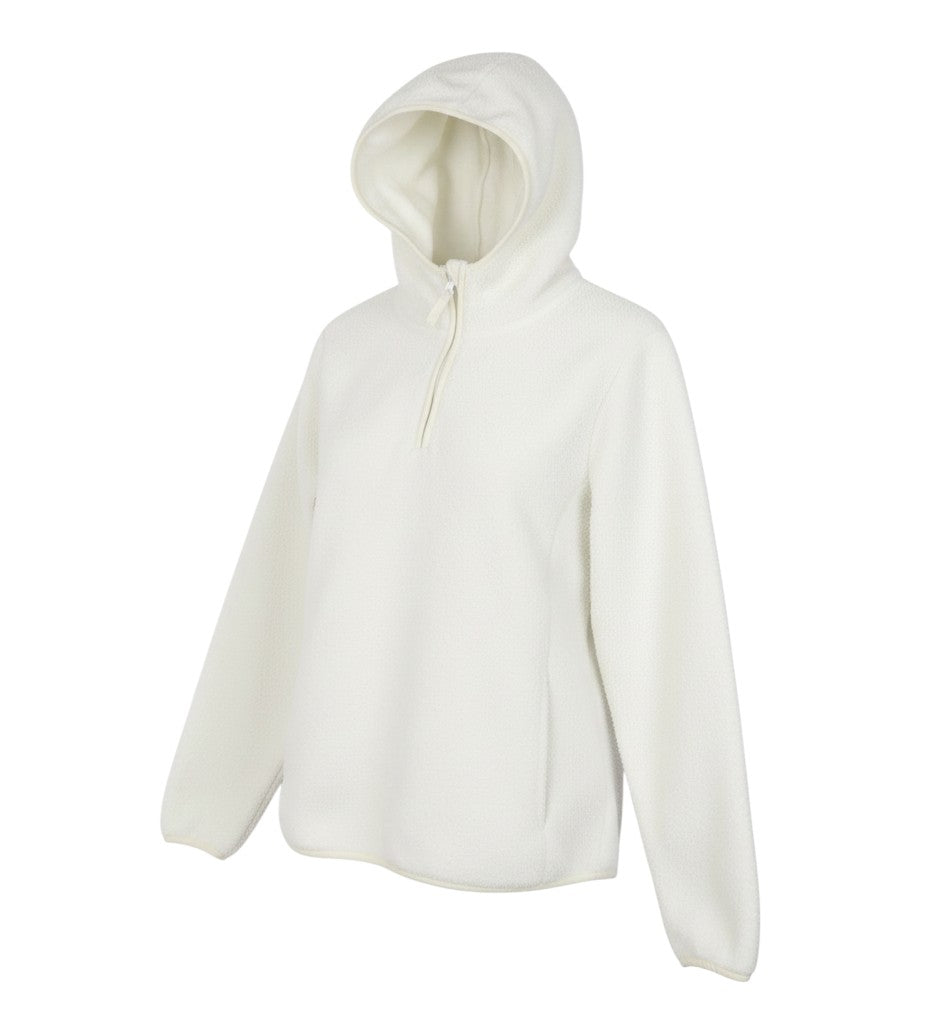 Prewornwholesale Mountain Warehouse white recycled fleece hoodie with a quarter zip and hood for outdoor comfort.