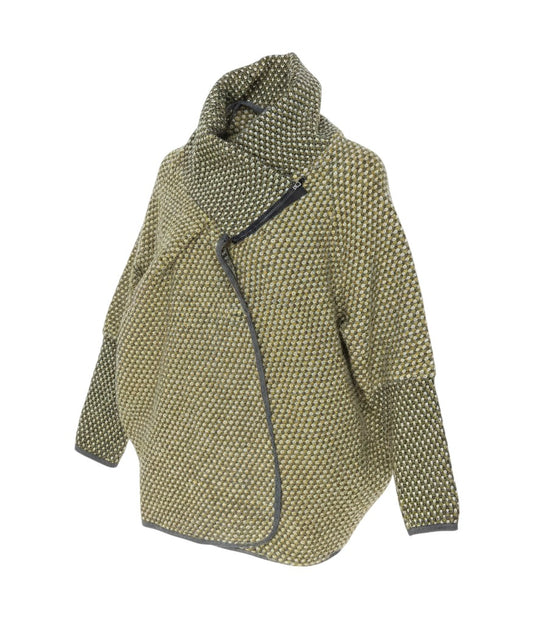 Prewornwholesale Colorine Paris multicoloured chunky knit wool-blend cardigan with an asymmetric zip and high collar.