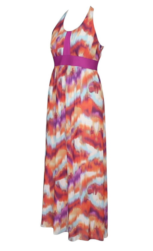 Prewornwholesale Et Vous multicoloured chiffon halter midi dress with a fuchsia waistband and painterly print