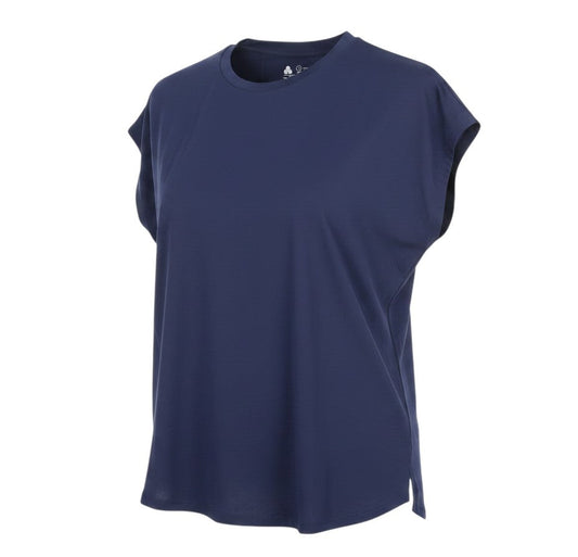 Prewornwholesale navy blue sleeveless activewear t-shirt with a crew neckline and breathable performance fabric.