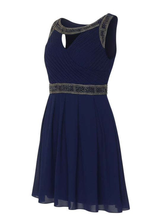 Prewornwholesale navy blue Lipsy fit and flare party dress with pleated bodice, sheer detailing, and beaded trim.