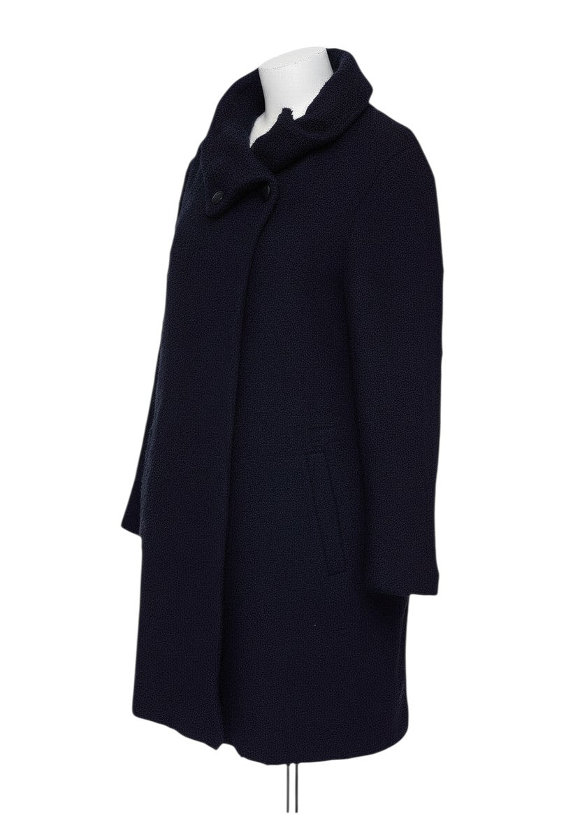 Prewornwholesale Phase Eight navy blue mid-length boucle overcoat with a high collar and single-breasted button closure.