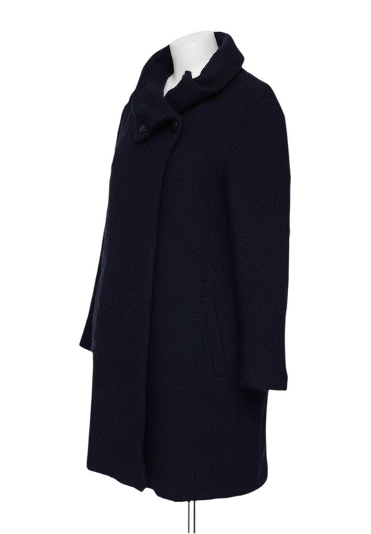 Prewornwholesale Phase Eight navy blue mid-length boucle overcoat with a high collar and single-breasted button closure.