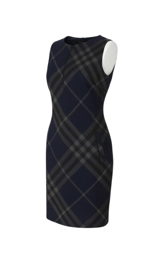 Prewornwholesale navy blue sleeveless shift dress featuring a classic check pattern and a front zip detail.
