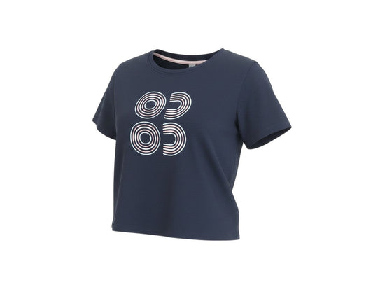 Prewornwholesale navy blue cropped cotton T-shirt with geometric circular embroidery and crew neck