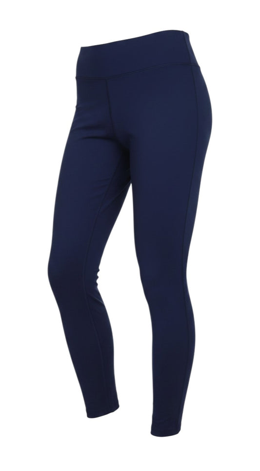 Prewornwholesale navy blue high-rise stretch leggings with a wide waistband and fitted silhouette.