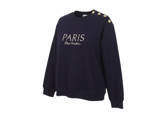 Prewornwholesale navy blue H&M pullover sweatshirt with Paris graphic and gold shoulder buttons