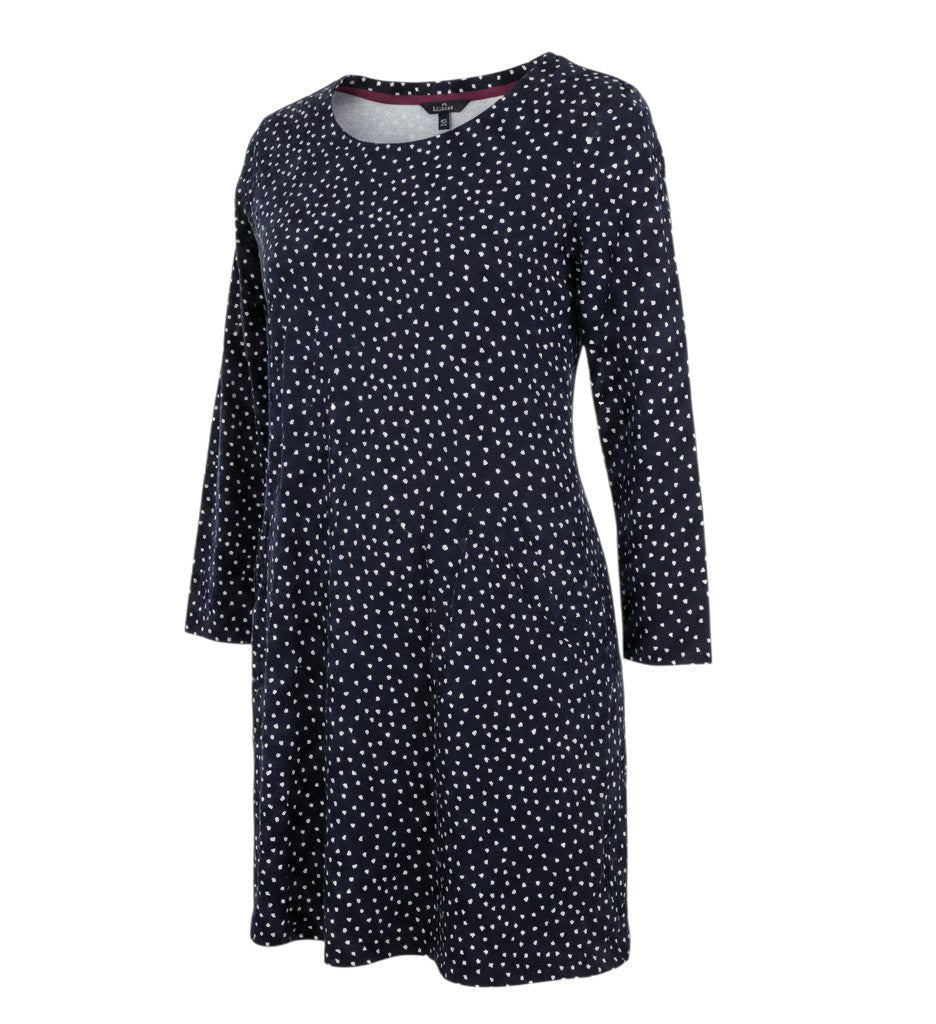 Prewornwholesale navy blue cotton shift dress with white polka dot pattern, boat neckline, and 3/4 sleeves.