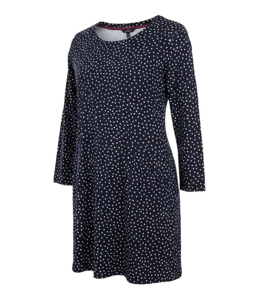 Prewornwholesale navy blue cotton shift dress with white polka dot pattern, boat neckline, and 3/4 sleeves.
