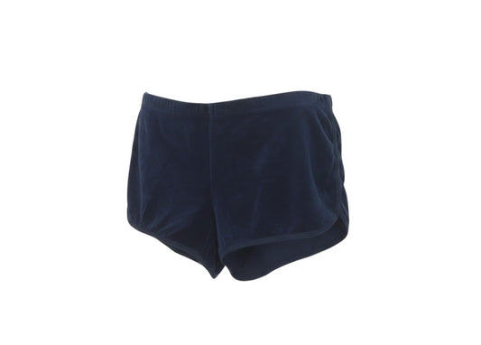 Prewornwholesale navy blue velvet hot pants shorts with a soft finish and rounded hems in a comfortable stretch fit.